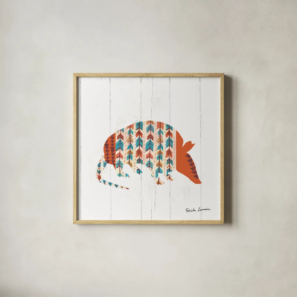 Southwestern Vibes I by Farida Zaman. Shown in a natural wood glass frame for a timeless modern aesthetic. Available as an archival giclee rolled canvas, fine art paper, or poster print. SKU 36360a.