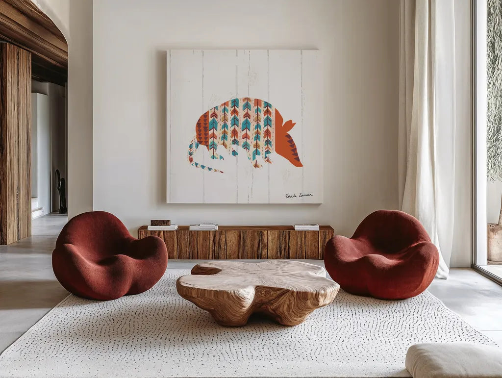 Southwestern Vibes I by Farida Zaman. Shown as extra-large giant wall art in a modern living room. Available as an archival giclee rolled canvas, fine art paper, or poster print. SKU 36360a.