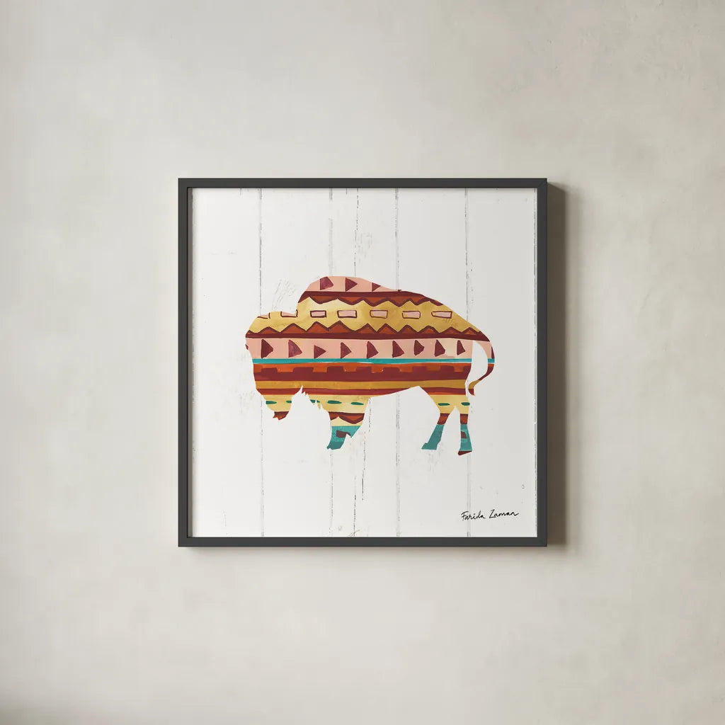 Southwestern Vibes II by Farida Zaman. Shown in a sleek black glass frame for a contemporary gallery look. Available as an archival giclee rolled canvas, fine art paper, or poster print. SKU 36361a.