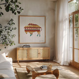 Southwestern Vibes II by Farida Zaman. Shown in a natural wood frame in a cozy modern living room. Available as an archival giclee rolled canvas, fine art paper, or poster print. SKU 36361a.