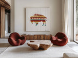 Southwestern Vibes II by Farida Zaman. Shown as extra-large giant wall art in a modern living room. Available as an archival giclee rolled canvas, fine art paper, or poster print. SKU 36361a.