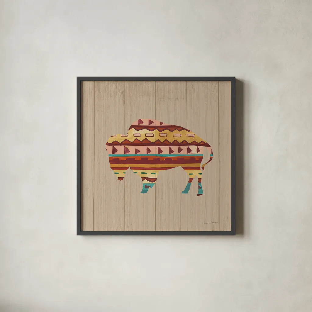 Southwestern Vibes II on Walnut by Farida Zaman. Shown in a sleek black glass frame for a contemporary gallery look. Available as an archival giclee rolled canvas, fine art paper, or poster print. SKU 43751a.