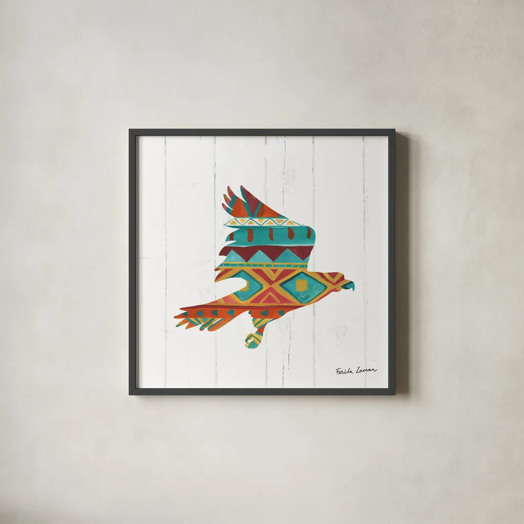 Southwestern Vibes III by Farida Zaman. Shown in a sleek black glass frame for a contemporary gallery look. Available as an archival giclee rolled canvas, fine art paper, or poster print. SKU 36362a.