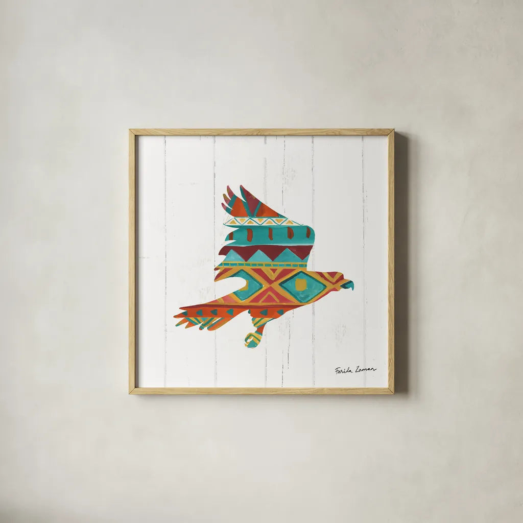 Southwestern Vibes III by Farida Zaman. Shown in a natural wood glass frame for a timeless modern aesthetic. Available as an archival giclee rolled canvas, fine art paper, or poster print. SKU 36362a.