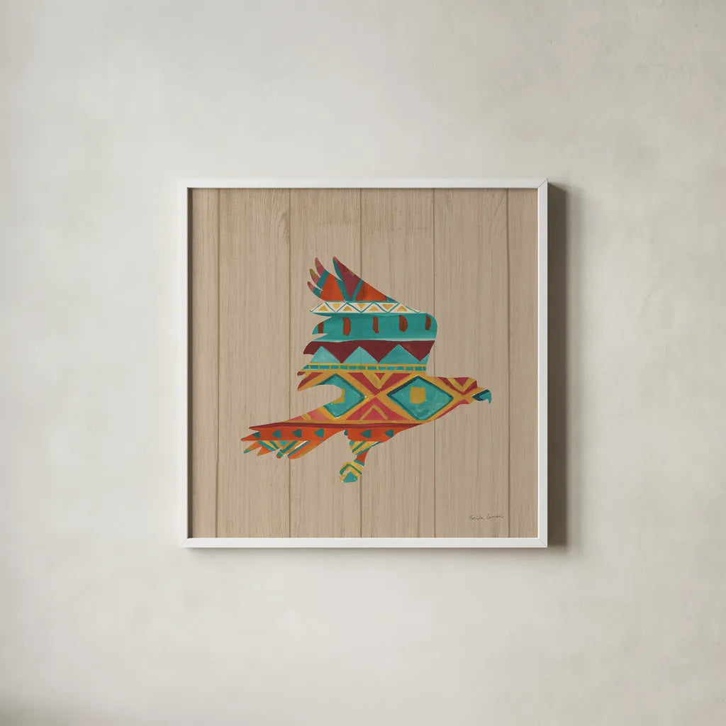 Southwestern Vibes III on Walnut by Farida Zaman. Shown in a crisp white glass frame for a clean and minimalist style. Available as an archival giclee rolled canvas, fine art paper, or poster print. SKU 43752a.