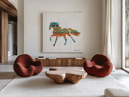 Southwestern Vibes IV by Farida Zaman. Shown as extra-large giant wall art in a modern living room. Available as an archival giclee rolled canvas, fine art paper, or poster print. SKU 36363a.