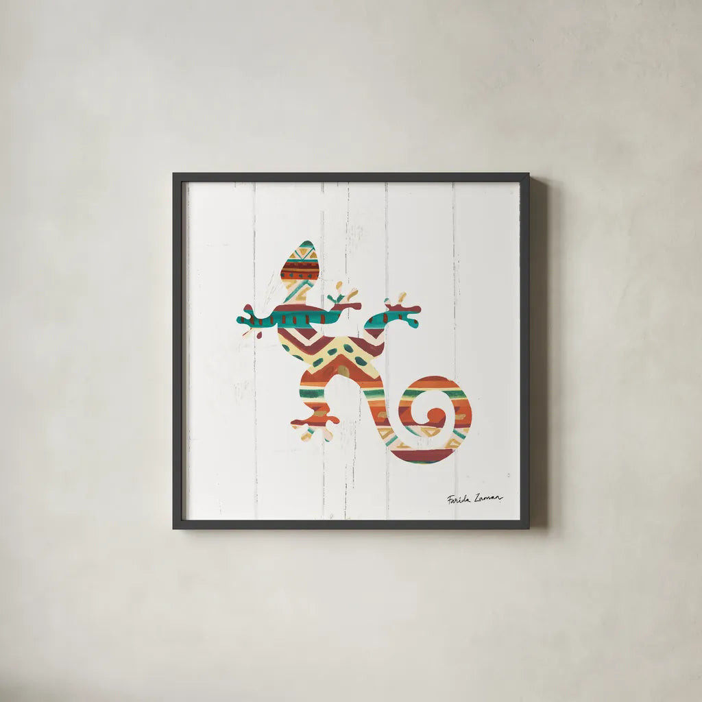 Southwestern Vibes V by Farida Zaman. Shown in a sleek black glass frame for a contemporary gallery look. Available as an archival giclee rolled canvas, fine art paper, or poster print. SKU 36364a.