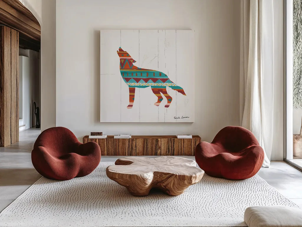 Southwestern Vibes VI by Farida Zaman. Shown as extra-large giant wall art in a modern living room. Available as an archival giclee rolled canvas, fine art paper, or poster print. SKU 36365a.