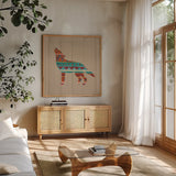Southwestern Vibes VI on Walnut by Farida Zaman. Shown in a natural wood frame in a cozy modern living room. Available as an archival giclee rolled canvas, fine art paper, or poster print. SKU 43754a.
