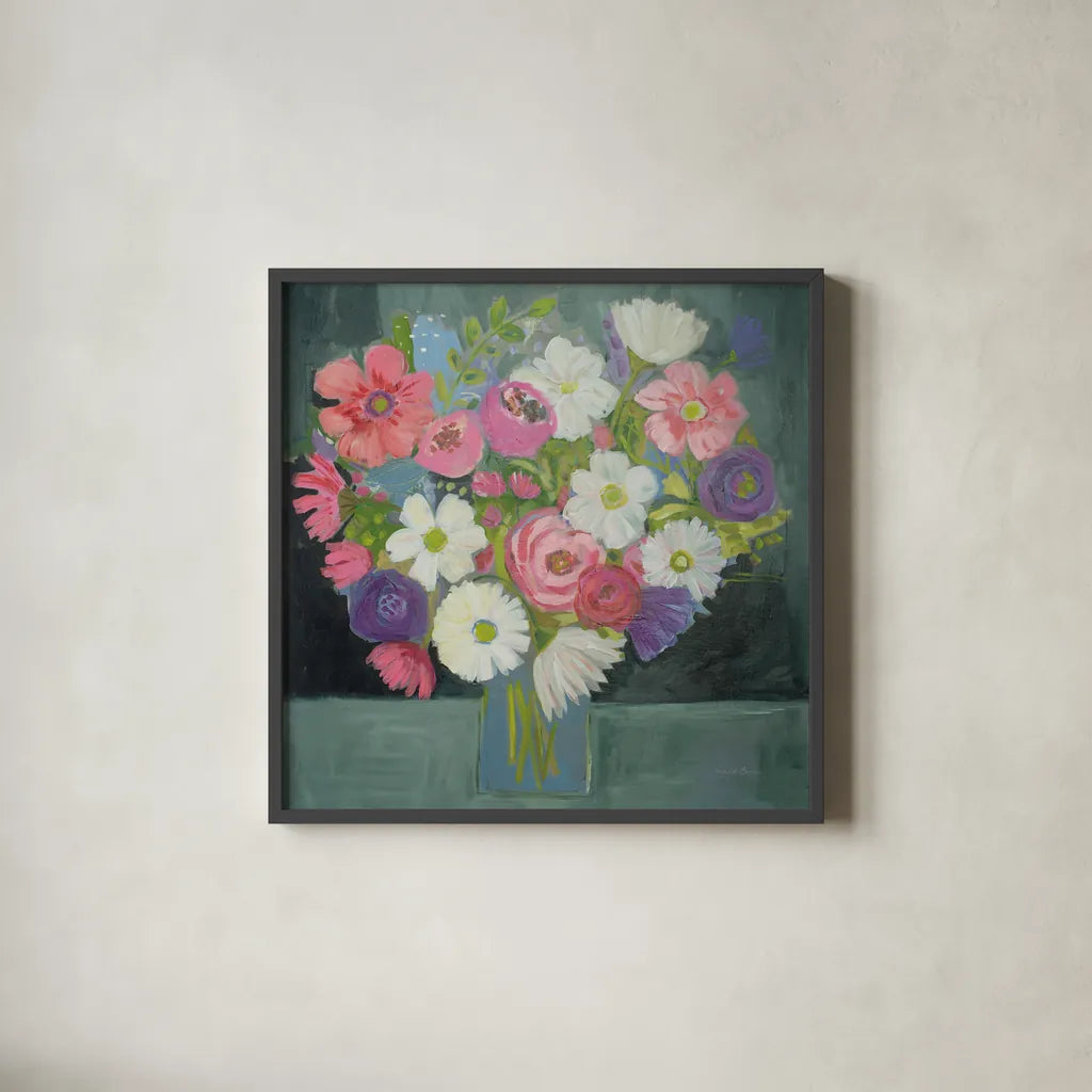 Special Bouquet by Farida Zaman. Shown in a sleek black glass frame for a contemporary gallery look. Available as an archival giclee rolled canvas, fine art paper, or poster print. SKU 46818a.