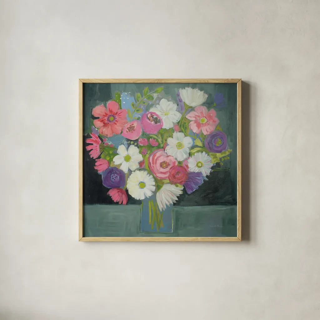 Special Bouquet by Farida Zaman. Shown in a natural wood glass frame for a timeless modern aesthetic. Available as an archival giclee rolled canvas, fine art paper, or poster print. SKU 46818a.