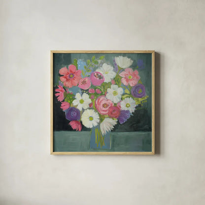 Special Bouquet by Farida Zaman. Shown in a natural wood glass frame for a timeless modern aesthetic. Available as an archival giclee rolled canvas, fine art paper, or poster print. SKU 46818a.