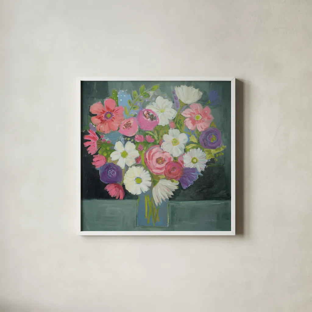Special Bouquet by Farida Zaman. Shown in a crisp white glass frame for a clean and minimalist style. Available as an archival giclee rolled canvas, fine art paper, or poster print. SKU 46818a.