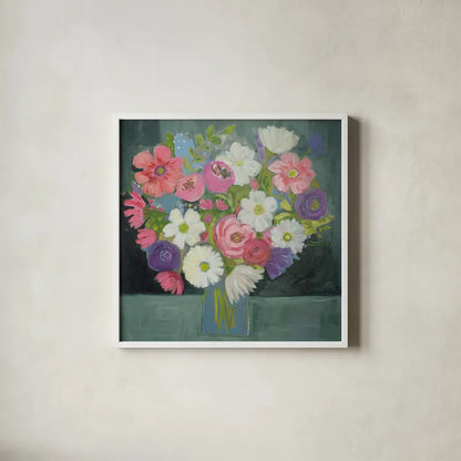 Special Bouquet by Farida Zaman. Shown in a crisp white glass frame for a clean and minimalist style. Available as an archival giclee rolled canvas, fine art paper, or poster print. SKU 46818a.