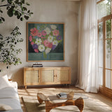 Special Bouquet by Farida Zaman. Shown in a natural wood frame in a cozy modern living room. Available as an archival giclee rolled canvas, fine art paper, or poster print. SKU 46818a.