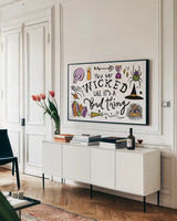 Spell Bound I by Farida Zaman. shown as a framed stretched canvas in a living room above a console. Available as a archival giclee rolled canvas, fine art paper, or poster print. SKU 70174i.