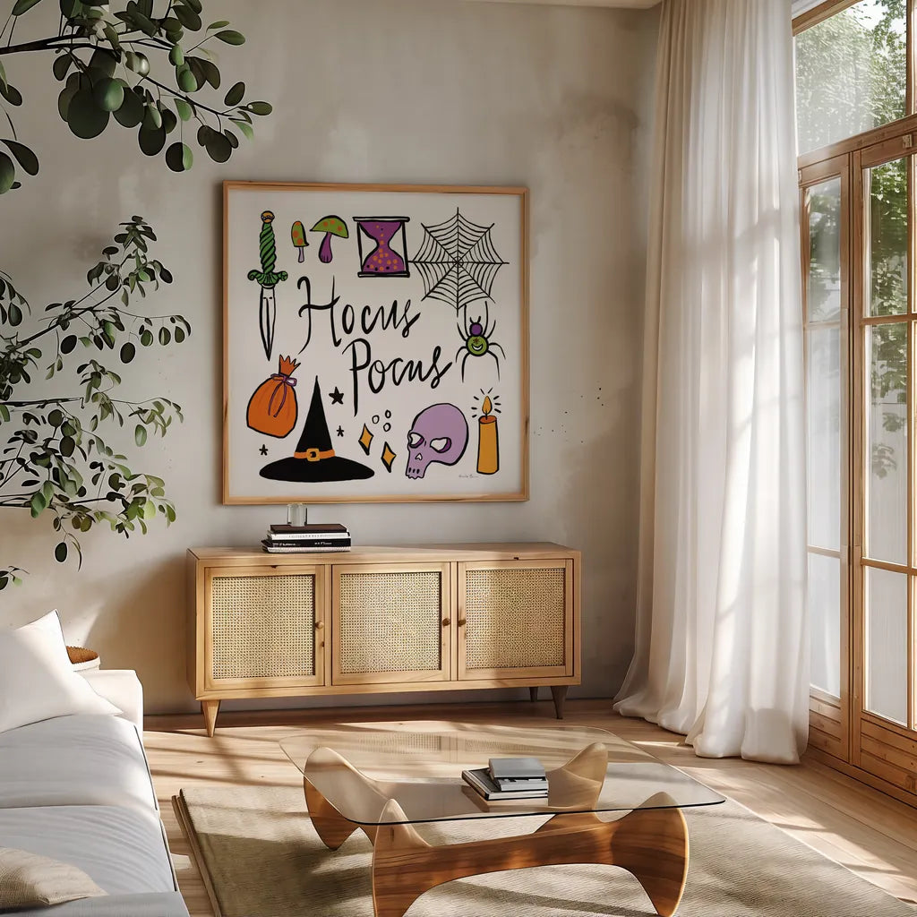 Spell Bound IV by Farida Zaman. Shown in a natural wood frame in a cozy modern living room. Available as an archival giclee rolled canvas, fine art paper, or poster print. SKU 70177a.