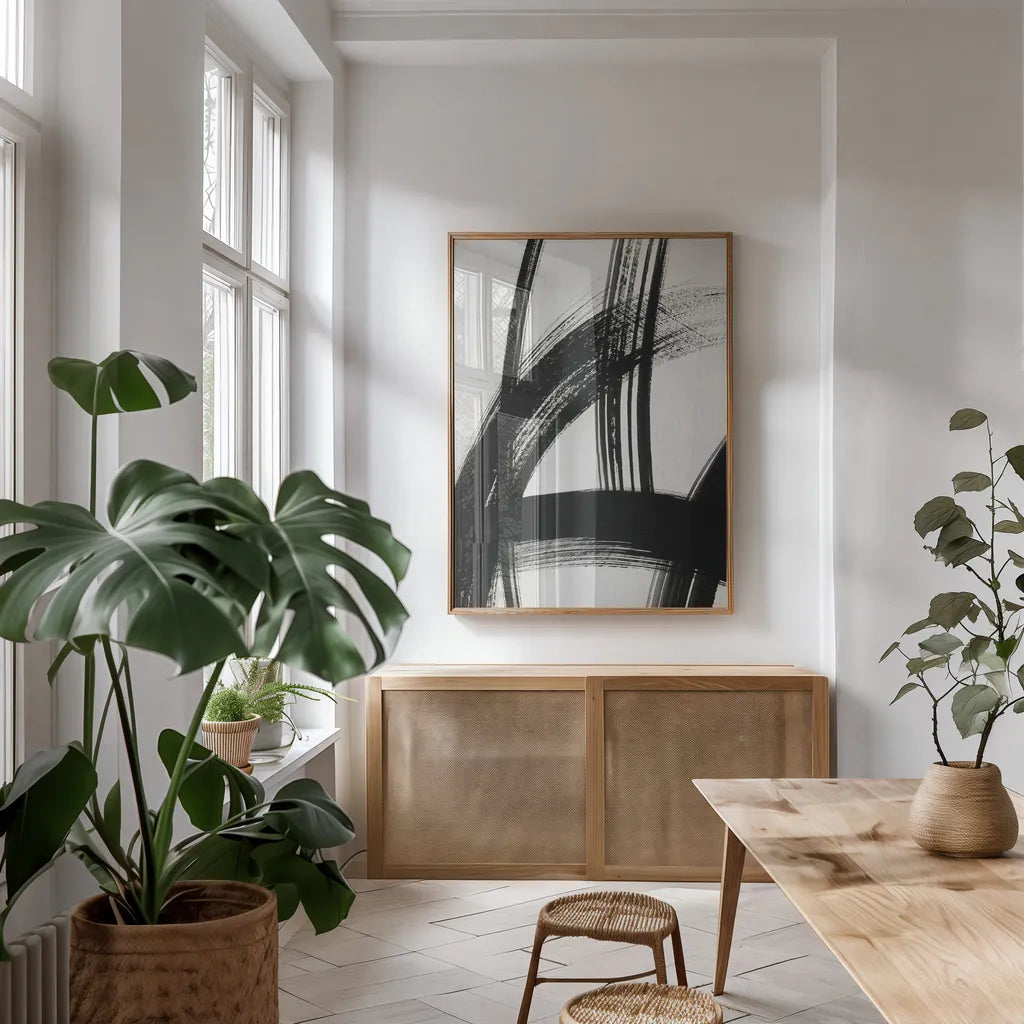 Spontaneous II Crop by Farida Zaman. shown as a print in a natural wood frame in a dining room. Available as a archival giclee rolled canvas, fine art paper, or poster print. SKU 47654h.