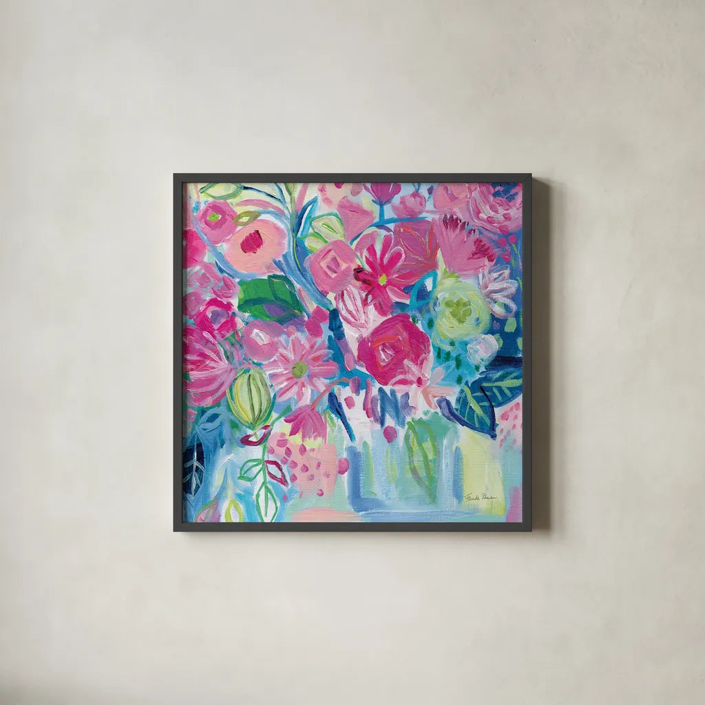 Spring Burst I by Farida Zaman. Shown in a sleek black glass frame for a contemporary gallery look. Available as an archival giclee rolled canvas, fine art paper, or poster print. SKU 67195a.