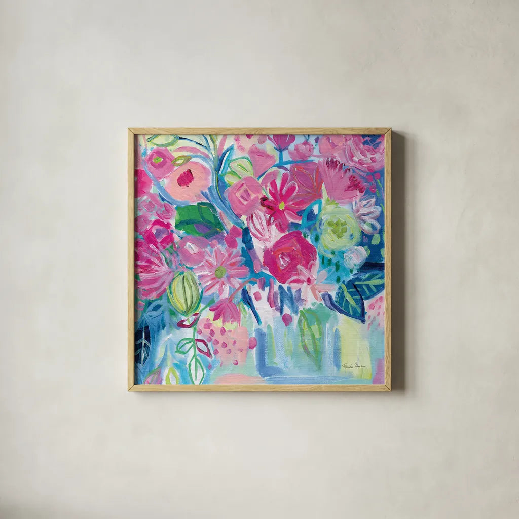 Spring Burst I by Farida Zaman. Shown in a natural wood glass frame for a timeless modern aesthetic. Available as an archival giclee rolled canvas, fine art paper, or poster print. SKU 67195a.