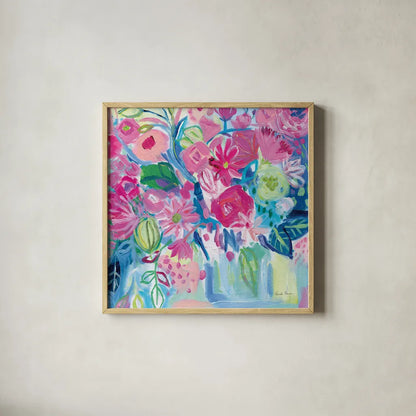Spring Burst I by Farida Zaman. Shown in a natural wood glass frame for a timeless modern aesthetic. Available as an archival giclee rolled canvas, fine art paper, or poster print. SKU 67195a.