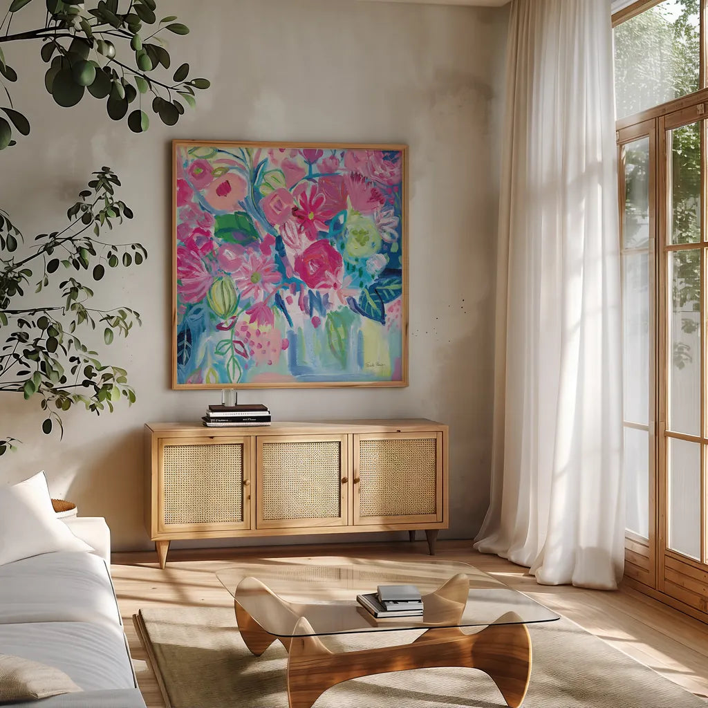 Spring Burst I by Farida Zaman. Shown in a natural wood frame in a cozy modern living room. Available as an archival giclee rolled canvas, fine art paper, or poster print. SKU 67195a.