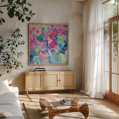Spring Burst I by Farida Zaman. Shown in a natural wood frame in a cozy modern living room. Available as an archival giclee rolled canvas, fine art paper, or poster print. SKU 67195a.