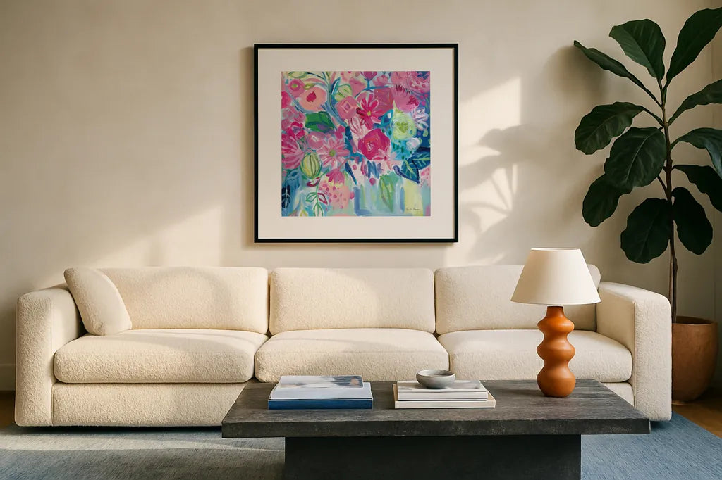 Spring Burst I by Farida Zaman. Displayed in a glass frame with matte in a clean modern living room. Available as an archival giclee rolled canvas, fine art paper, or poster print. SKU 67195a.