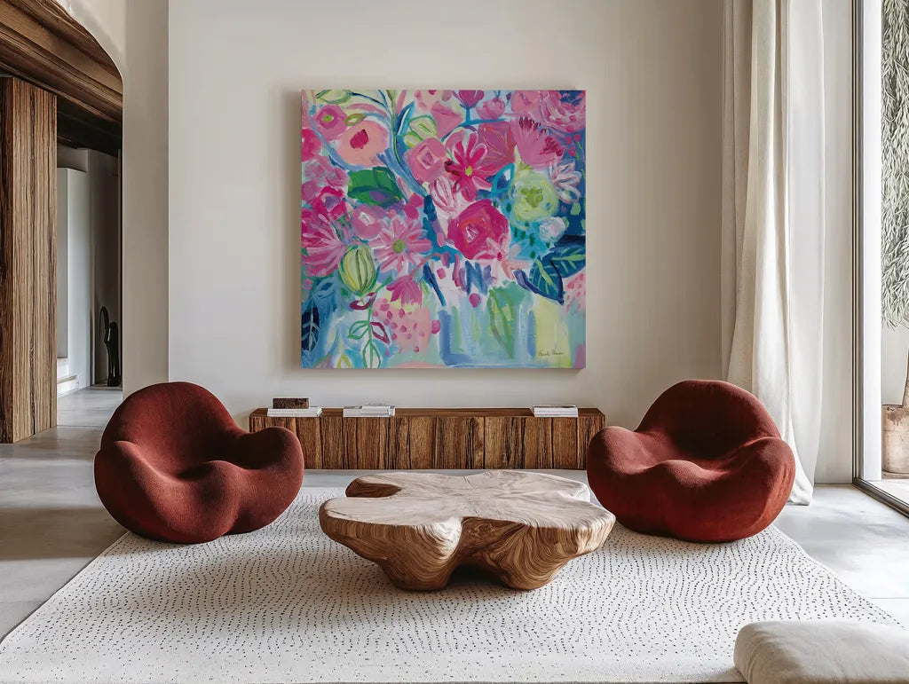 Spring Burst I by Farida Zaman. Shown as extra-large giant wall art in a modern living room. Available as an archival giclee rolled canvas, fine art paper, or poster print. SKU 67195a.