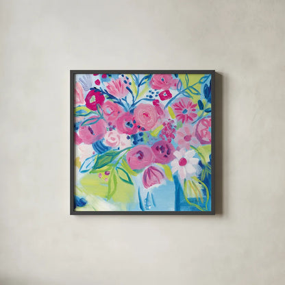 Spring Burst II by Farida Zaman. Shown in a sleek black glass frame for a contemporary gallery look. Available as an archival giclee rolled canvas, fine art paper, or poster print. SKU 67196a.