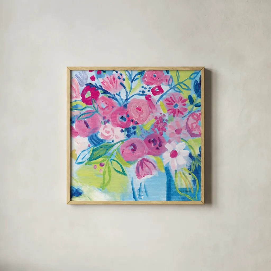 Spring Burst II by Farida Zaman. Shown in a natural wood glass frame for a timeless modern aesthetic. Available as an archival giclee rolled canvas, fine art paper, or poster print. SKU 67196a.