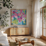 Spring Burst II by Farida Zaman. Shown in a natural wood frame in a cozy modern living room. Available as an archival giclee rolled canvas, fine art paper, or poster print. SKU 67196a.