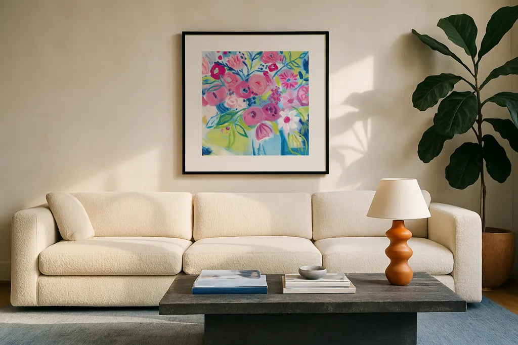 Spring Burst II by Farida Zaman. Displayed in a glass frame with matte in a clean modern living room. Available as an archival giclee rolled canvas, fine art paper, or poster print. SKU 67196a.