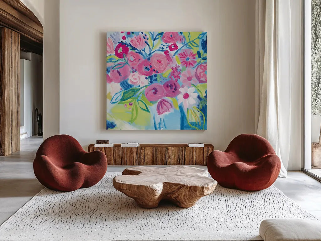 Spring Burst II by Farida Zaman. Shown as extra-large giant wall art in a modern living room. Available as an archival giclee rolled canvas, fine art paper, or poster print. SKU 67196a.