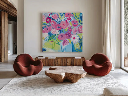 Spring Burst II by Farida Zaman. Shown as extra-large giant wall art in a modern living room. Available as an archival giclee rolled canvas, fine art paper, or poster print. SKU 67196a.