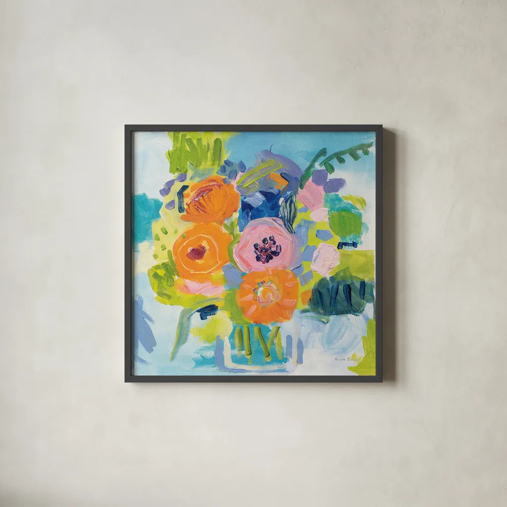 Summer Bouquet by Farida Zaman. Shown in a sleek black glass frame for a contemporary gallery look. Available as an archival giclee rolled canvas, fine art paper, or poster print. SKU 32161a.