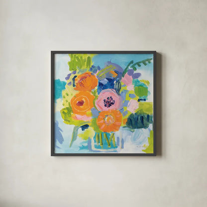Summer Bouquet by Farida Zaman. Shown in a sleek black glass frame for a contemporary gallery look. Available as an archival giclee rolled canvas, fine art paper, or poster print. SKU 32161a.