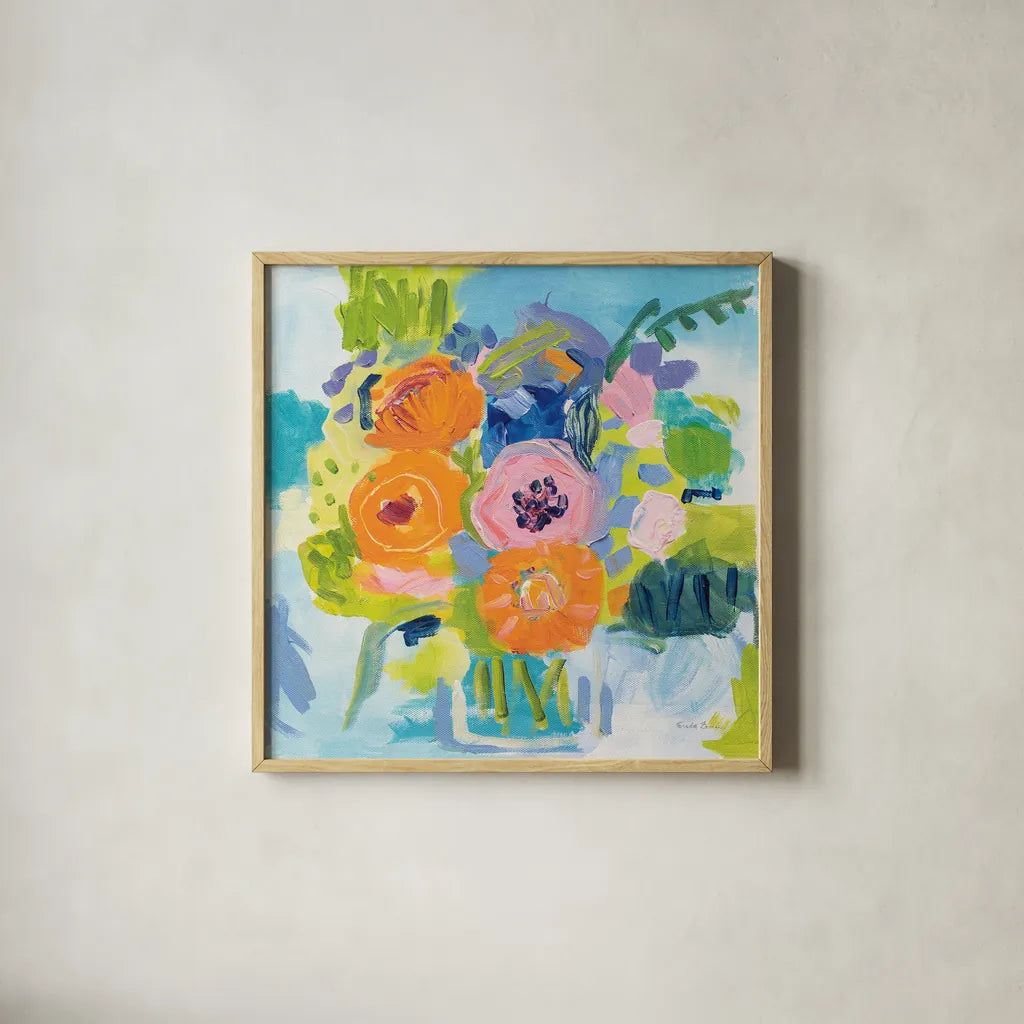 Summer Bouquet by Farida Zaman. Shown in a natural wood glass frame for a timeless modern aesthetic. Available as an archival giclee rolled canvas, fine art paper, or poster print. SKU 32161a.