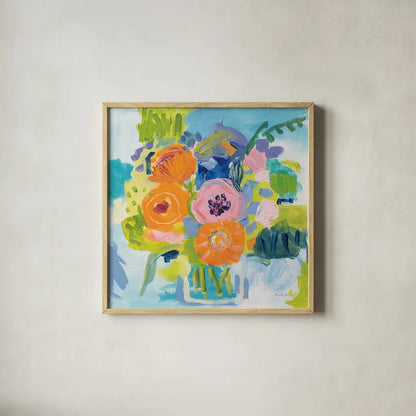 Summer Bouquet by Farida Zaman. Shown in a natural wood glass frame for a timeless modern aesthetic. Available as an archival giclee rolled canvas, fine art paper, or poster print. SKU 32161a.