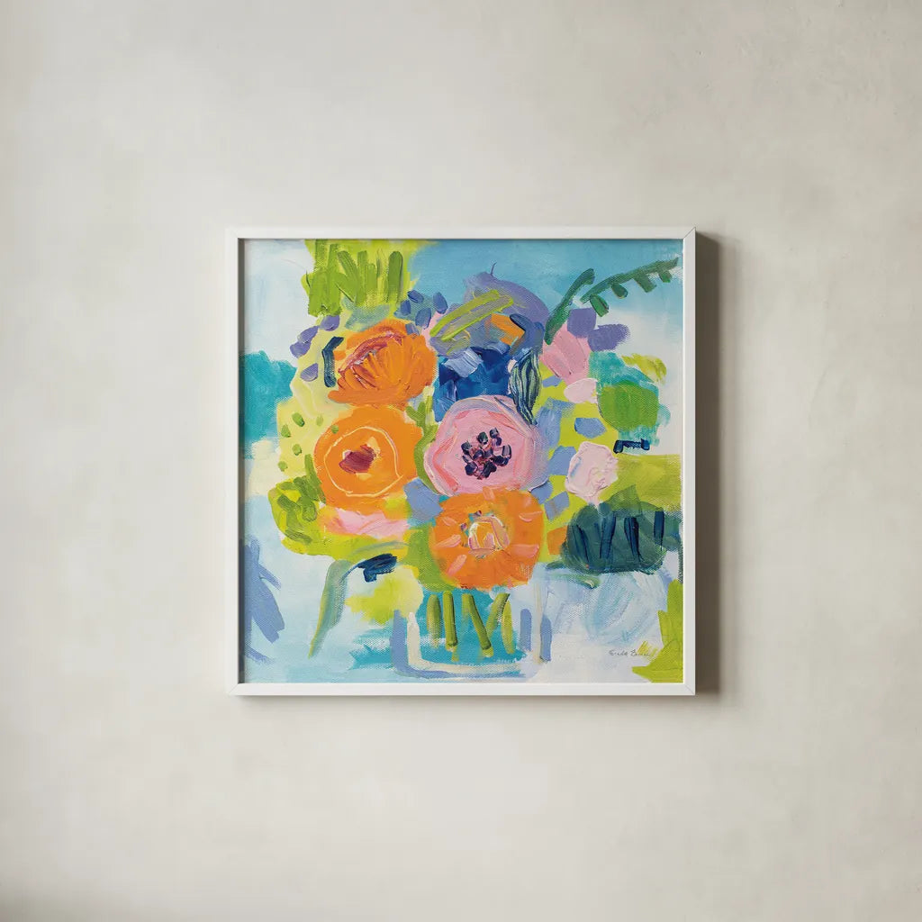 Summer Bouquet by Farida Zaman. Shown in a crisp white glass frame for a clean and minimalist style. Available as an archival giclee rolled canvas, fine art paper, or poster print. SKU 32161a.