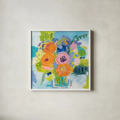 Summer Bouquet by Farida Zaman. Shown in a crisp white glass frame for a clean and minimalist style. Available as an archival giclee rolled canvas, fine art paper, or poster print. SKU 32161a.