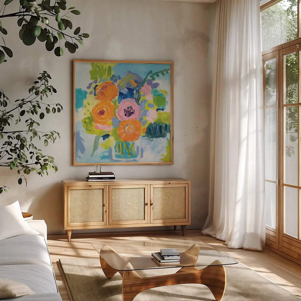 Summer Bouquet by Farida Zaman. Shown in a natural wood frame in a cozy modern living room. Available as an archival giclee rolled canvas, fine art paper, or poster print. SKU 32161a.