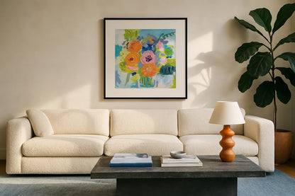 Summer Bouquet by Farida Zaman. Displayed in a glass frame with matte in a clean modern living room. Available as an archival giclee rolled canvas, fine art paper, or poster print. SKU 32161a.