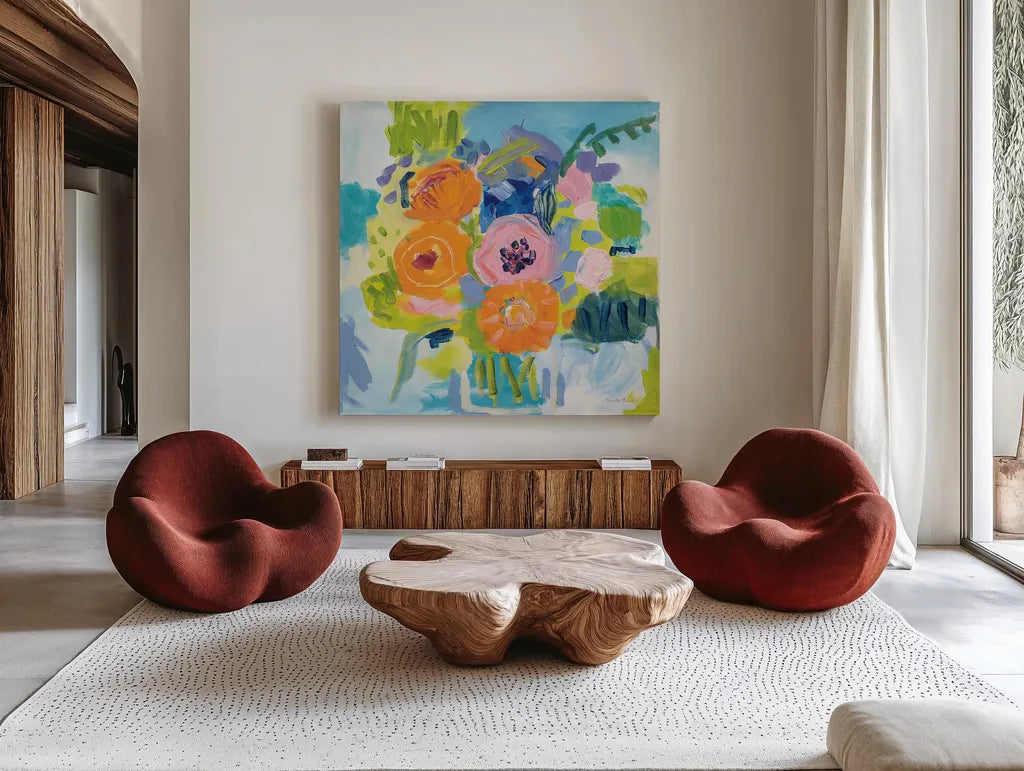 Summer Bouquet by Farida Zaman. Shown as extra-large giant wall art in a modern living room. Available as an archival giclee rolled canvas, fine art paper, or poster print. SKU 32161a.