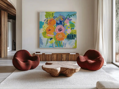 Summer Bouquet by Farida Zaman. Shown as extra-large giant wall art in a modern living room. Available as an archival giclee rolled canvas, fine art paper, or poster print. SKU 32161a.