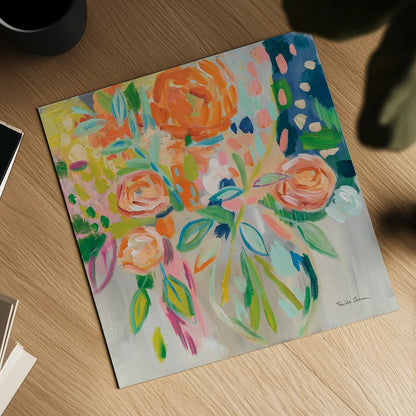 Summer Orange Floral by Farida Zaman. Shown as a detailed flat fine art print, highlighting archival giclee quality. Available as an archival giclee rolled canvas, fine art paper, or poster print. SKU 33423a.