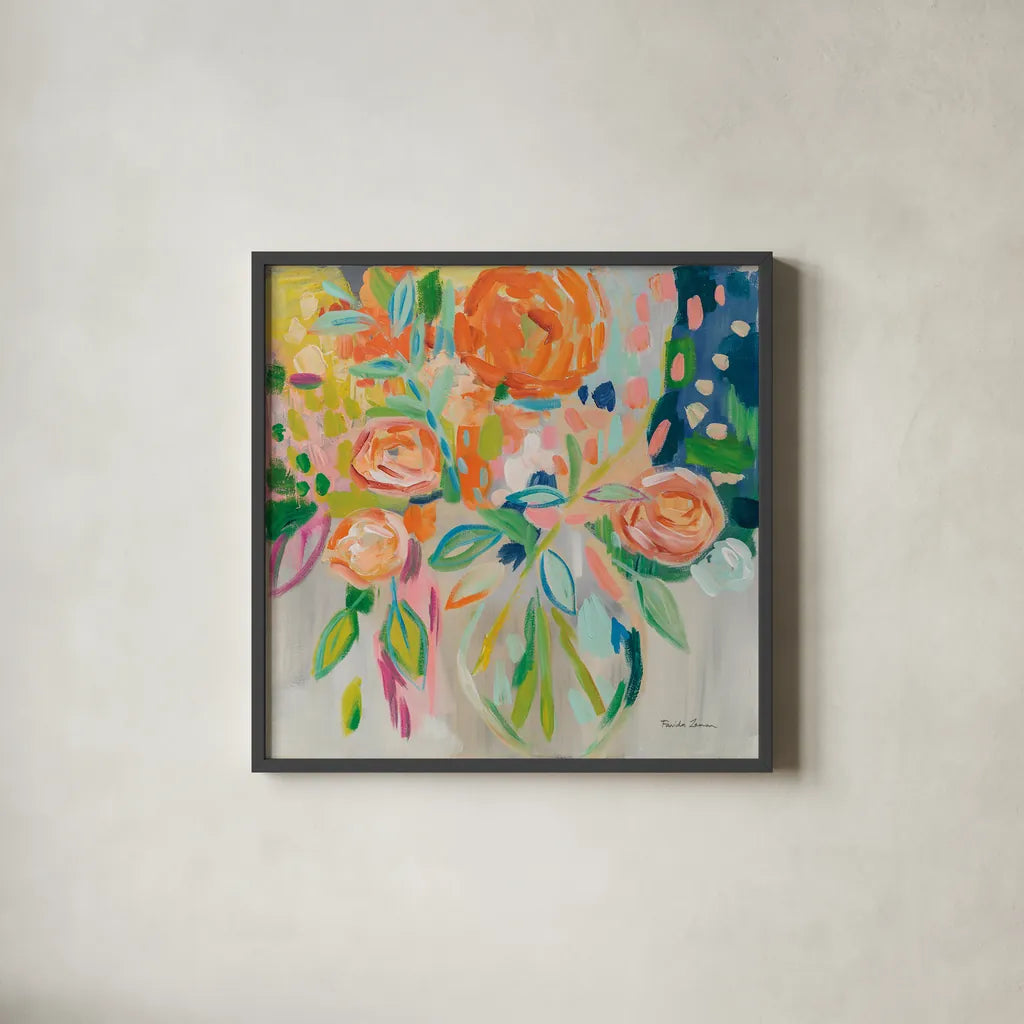 Summer Orange Floral by Farida Zaman. Shown in a sleek black glass frame for a contemporary gallery look. Available as an archival giclee rolled canvas, fine art paper, or poster print. SKU 33423a.