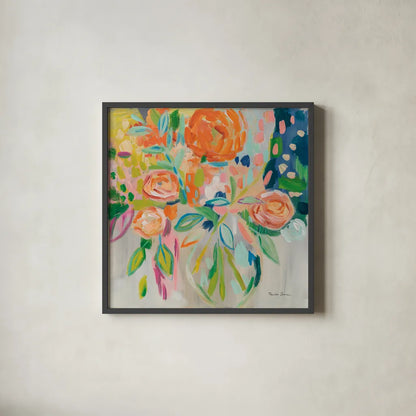 Summer Orange Floral by Farida Zaman. Shown in a sleek black glass frame for a contemporary gallery look. Available as an archival giclee rolled canvas, fine art paper, or poster print. SKU 33423a.