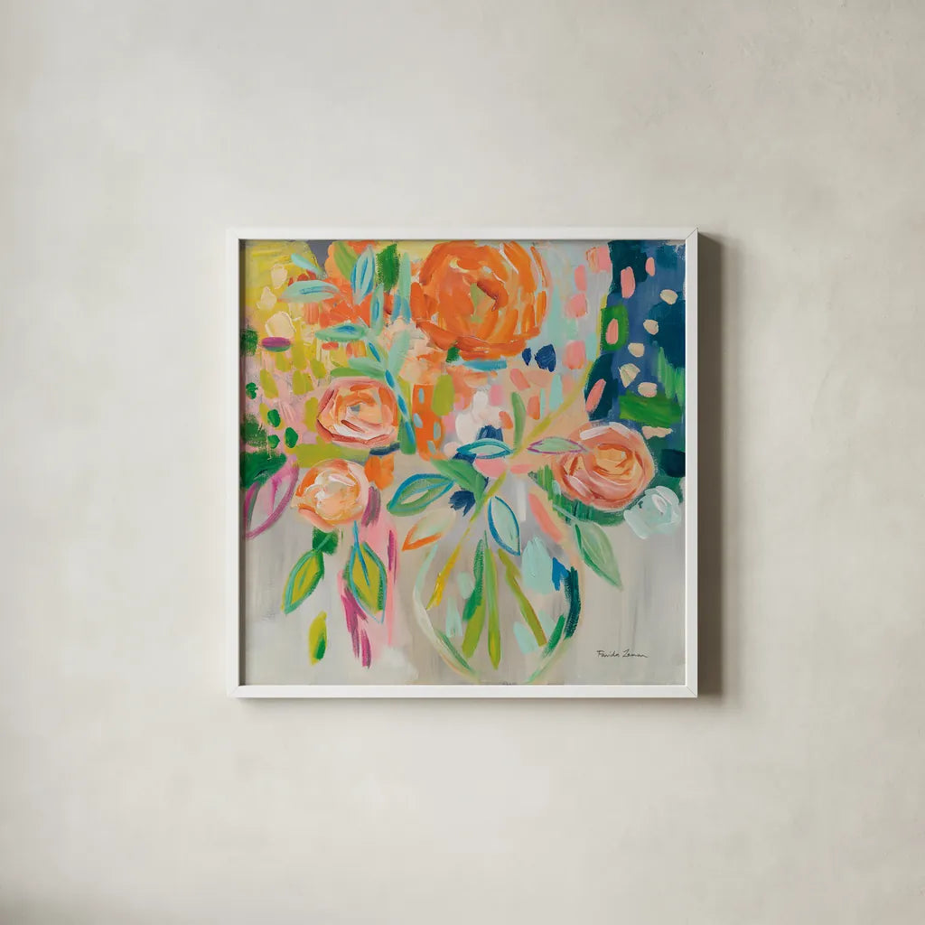 Summer Orange Floral by Farida Zaman. Shown in a crisp white glass frame for a clean and minimalist style. Available as an archival giclee rolled canvas, fine art paper, or poster print. SKU 33423a.