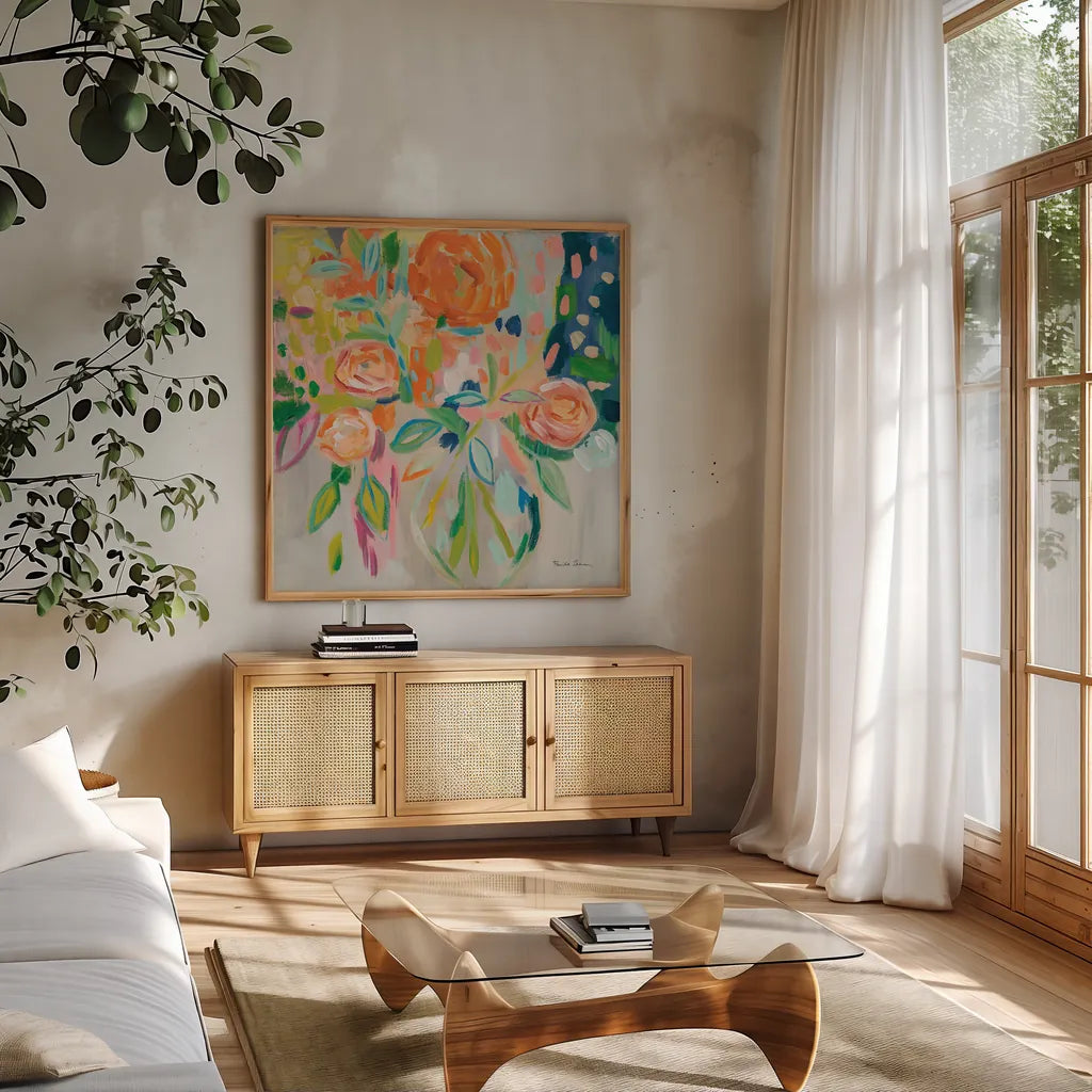 Summer Orange Floral by Farida Zaman. Shown in a natural wood frame in a cozy modern living room. Available as an archival giclee rolled canvas, fine art paper, or poster print. SKU 33423a.
